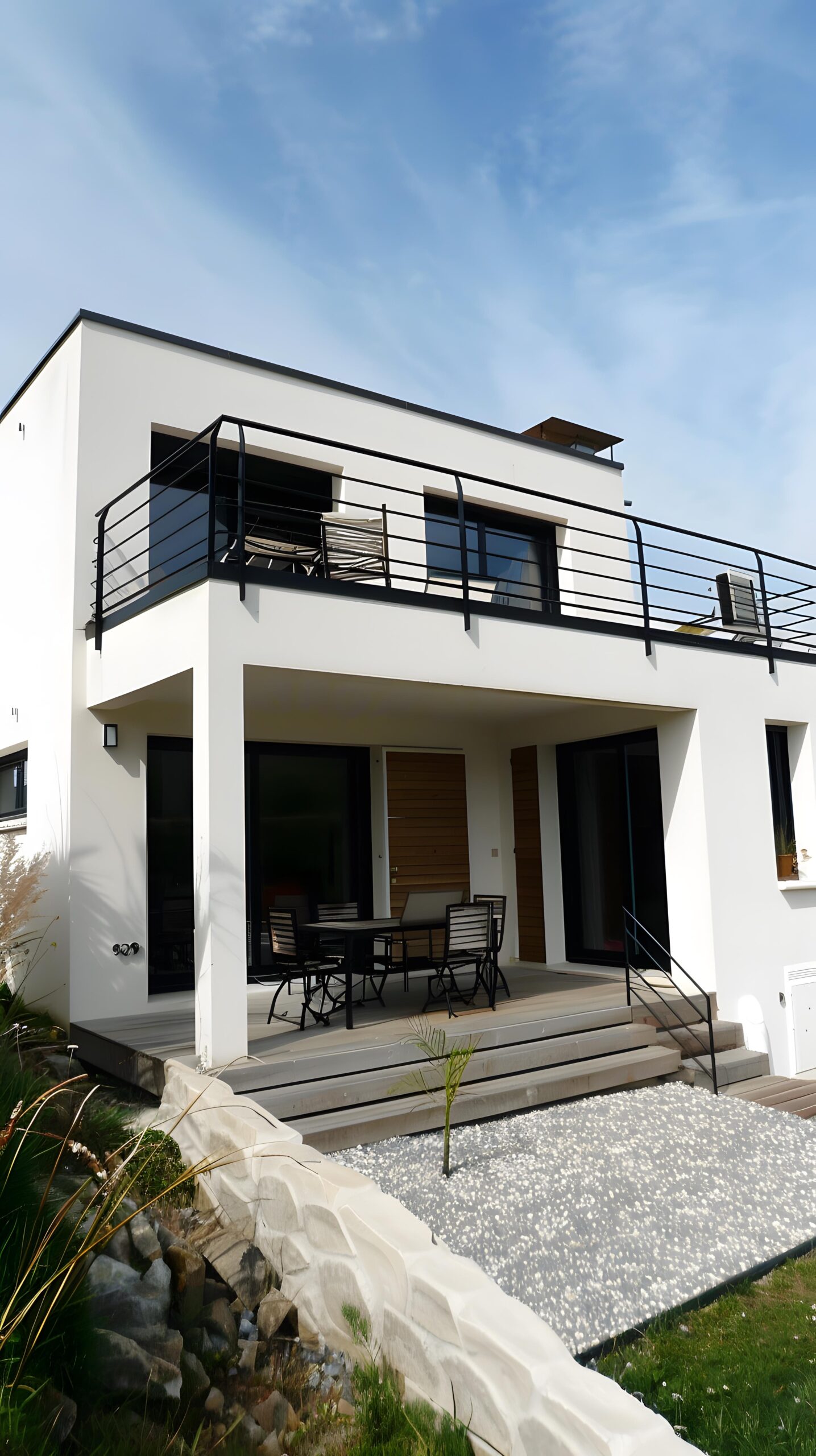 Casa moderna con balcón de madera reformada en Madrid